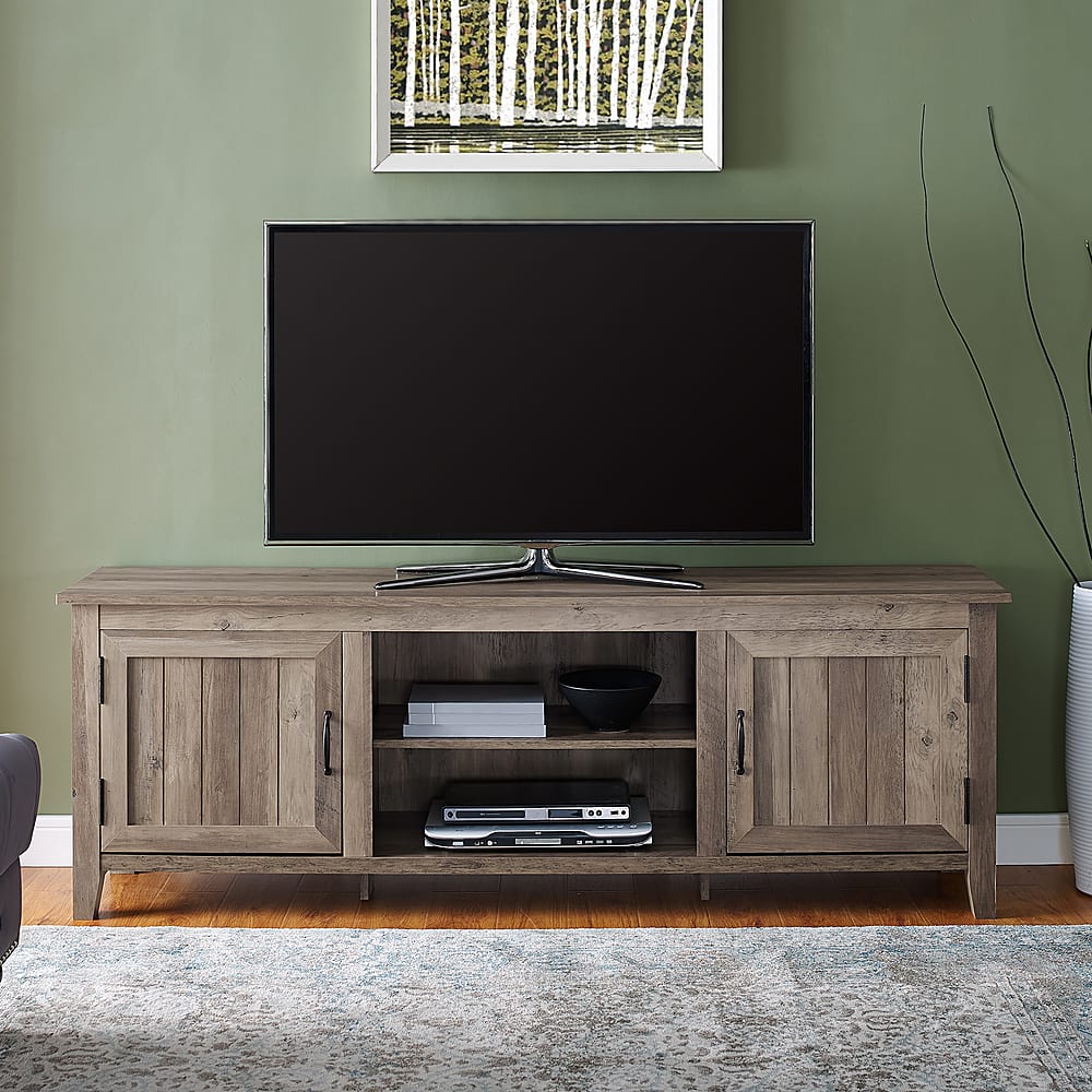 Alt View 1. Walker Edison - 70" Modern Farmhouse Simple Grooved Door TV Stand for most TVs up to 80" - Grey Wash.