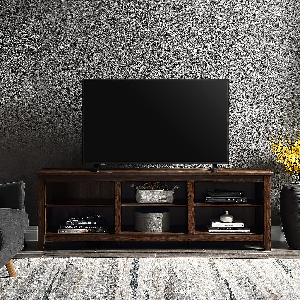 Alt View 11. Walker Edison - Modern 70" Open 6 Cubby Storage TV Stand for TVs up to 80" - Dark Walnut.