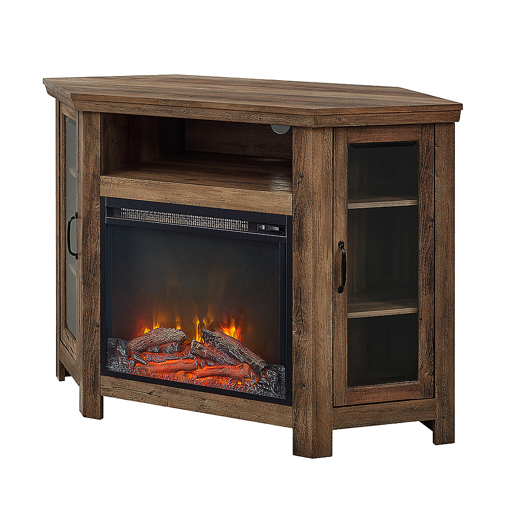 Left View: Walker Edison - Glass Two Door Corner Fireplace TV Stand for Most TVs up to 55" - Rustic Oak