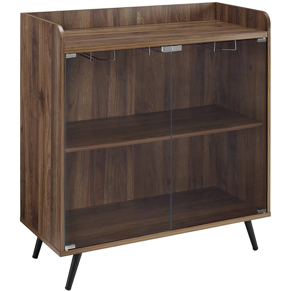 Left View: Walker Edison - Bar Cabinet with Glass Doors - Dark walnut