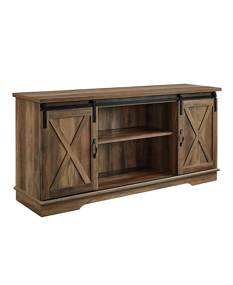 Angle. Walker Edison - 58" Modern Farmhouse Sliding Door TV Stand for Most TVs up to 65" - Rustic Oak.