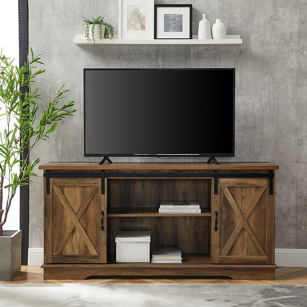 Alt View 11. Walker Edison - 58" Modern Farmhouse Sliding Door TV Stand for Most TVs up to 65" - Rustic Oak.