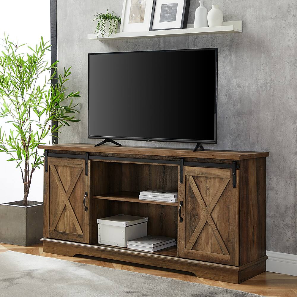 Alt View 13. Walker Edison - 58" Modern Farmhouse Sliding Door TV Stand for Most TVs up to 65" - Rustic Oak.