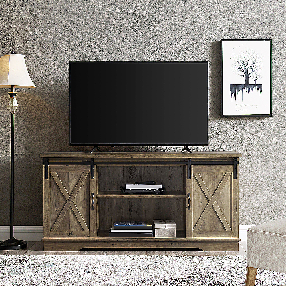 Alt View 14. Walker Edison - 58" Modern Farmhouse Sliding Door TV Stand for Most TVs up to 65" - Rustic Oak.