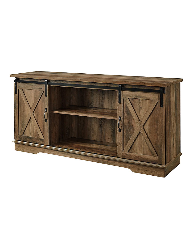 Left View: Walker Edison - 58" Modern Farmhouse Sliding Door TV Stand for Most TVs up to 65" - Rustic Oak
