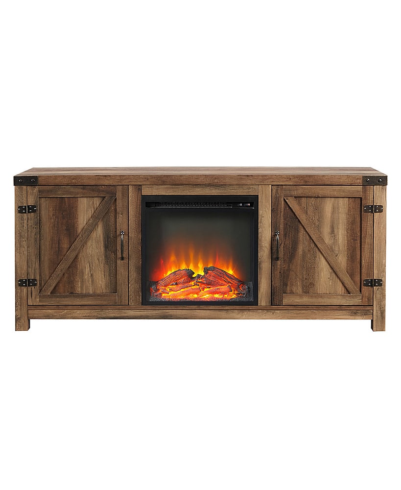 Walker Edison - 58" Modern Farmhouse Barndoor Fireplace TV Stand for Most TVs up to 65" - Rustic Oak - Front_Zoom