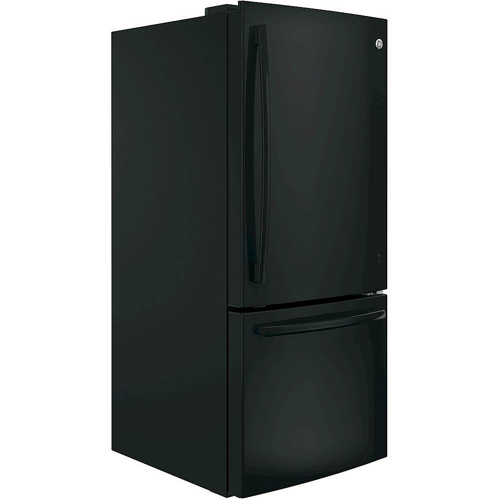 Angle. GE - 21.0 Cu. Ft. Bottom-Freezer Refrigerator - High Gloss Black.