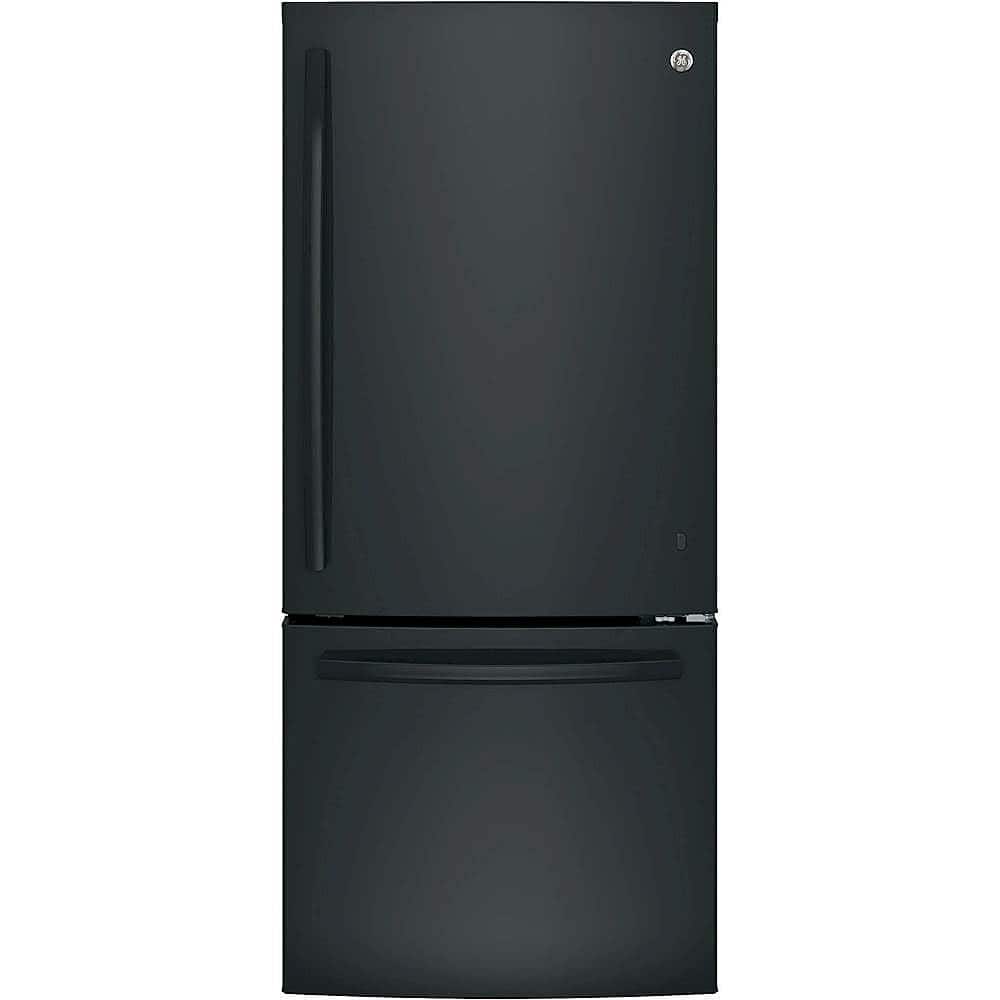 Front. GE - 21.0 Cu. Ft. Bottom-Freezer Refrigerator - High Gloss Black.