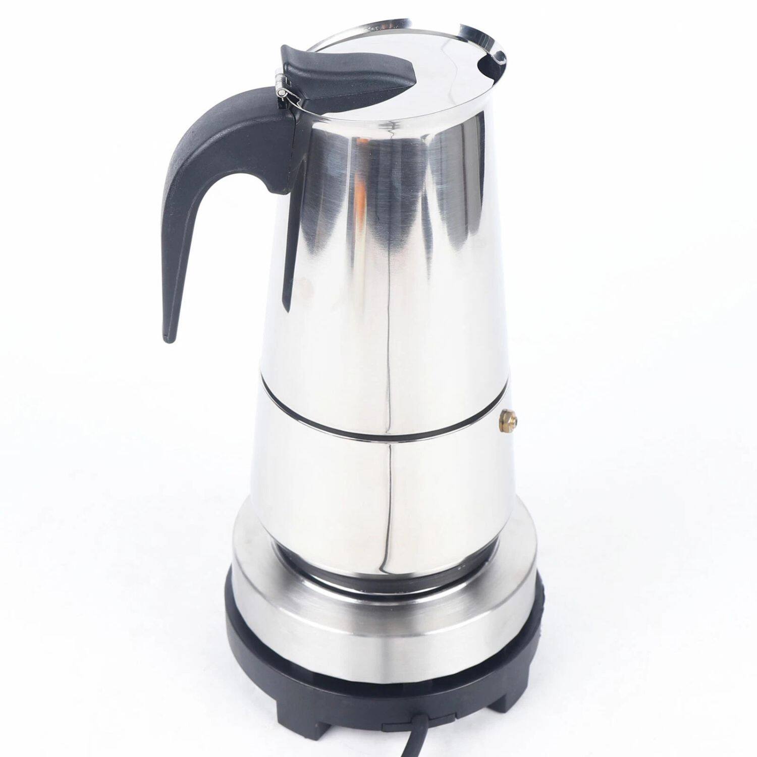 Angle. Home Collection - Electric Moka Pot Espresso Maker – 9-Cup Stainless Steel Greca Coffee Maker, Automatic Stovetop Espresso Machine 110V - Silver.