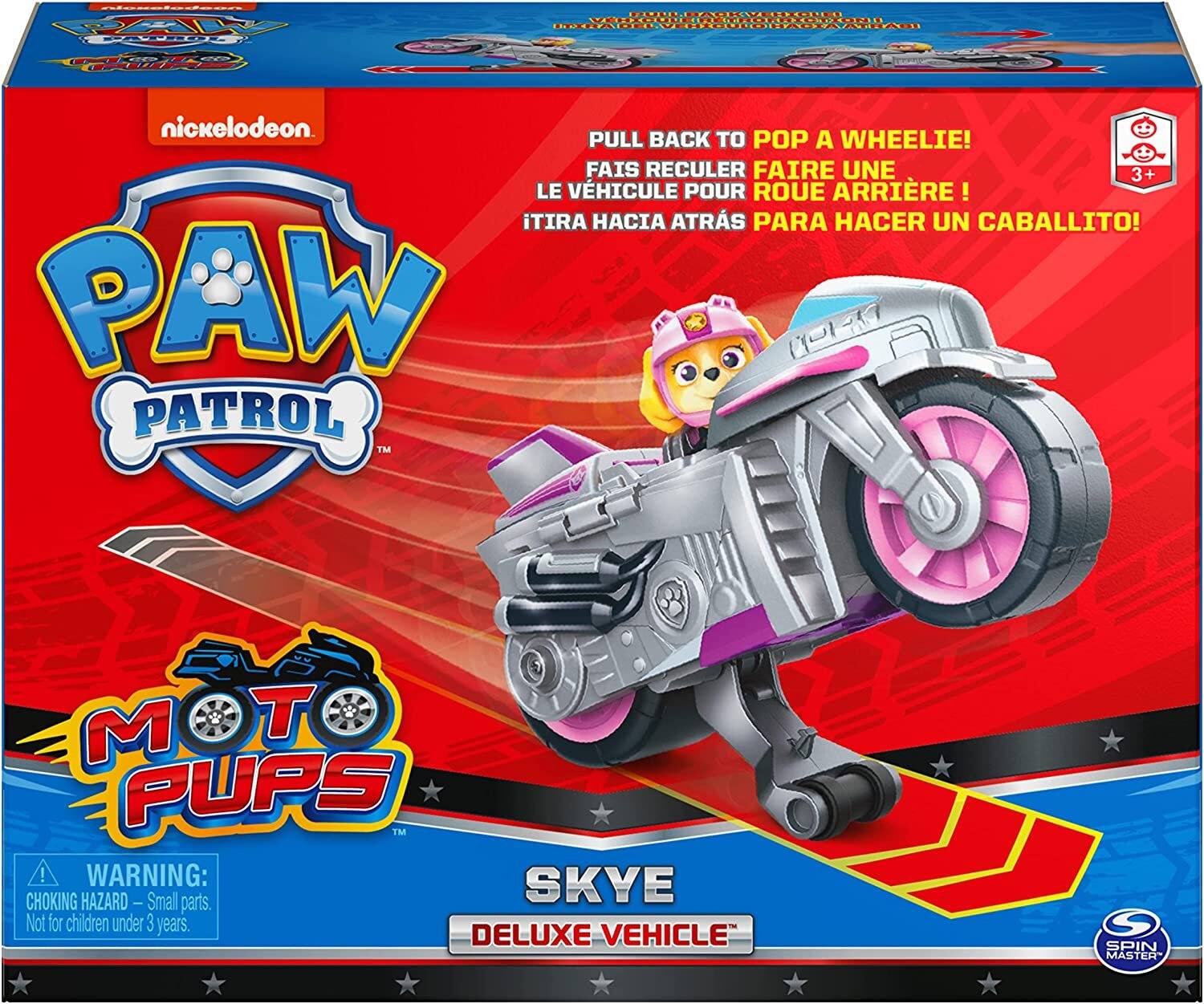 nickelodeon PULL BACK TO POP A WHEELIE! FAIS RECULER FAIRE UNE 3+ LE VEHICULE POUR ROUE ARRIERE! iTIRA HACIA ATRS PARA HACER UN CABALLITO! PAW PATROL M PUPS TM ! WARNING: CHOKING HAZARD Small parts. SKYE Not for children under 3 years. DELUXE VEHICLE SPIN MASTER