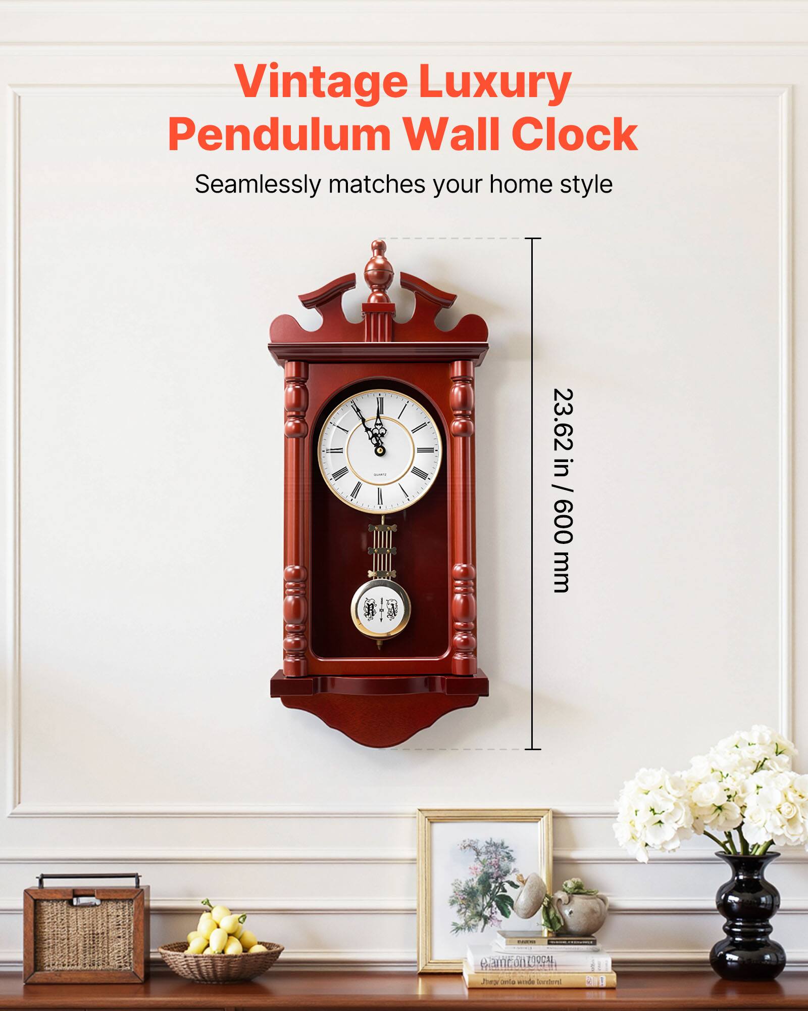 Vintage Luxury Pendulum Wall Clock - Seamlessly matches your home style. Size: 23.62 in / 600 mm.