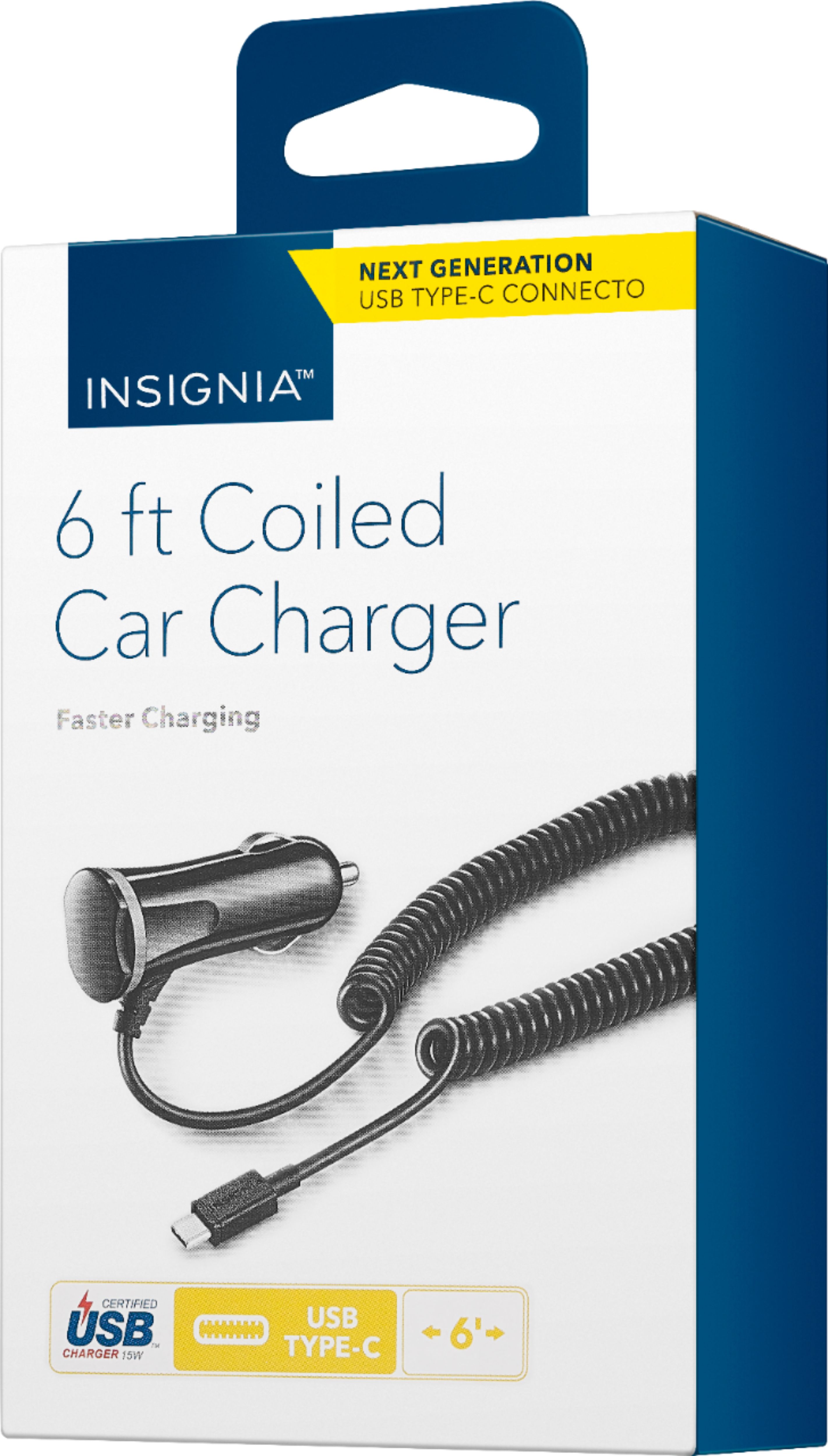 Insignia - 15W USB-C Port Vehicle Charger with 6ft Coiled Cable - Black