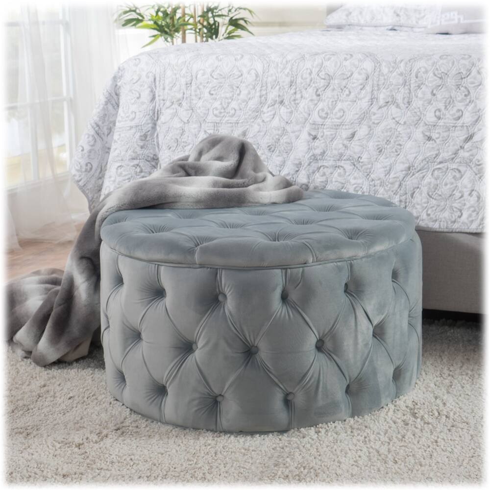 Left View: Noble House - Colebrook Tufted Ottoman - Light Gray