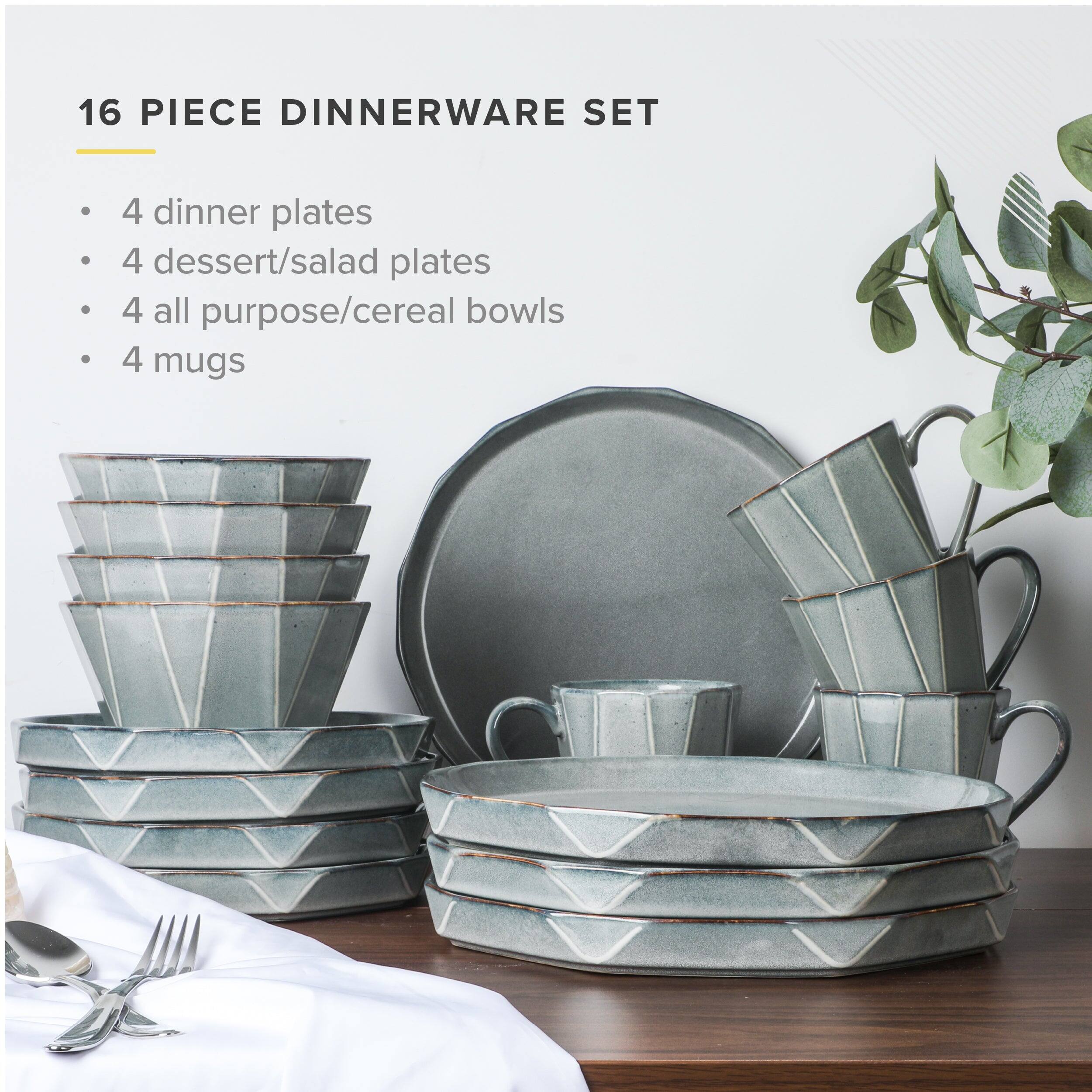 16 PIECE DINNERWARE SET

4 dinner plates
4 dessert/salad plates
4 all purpose/cereal bowls
4 mugs
