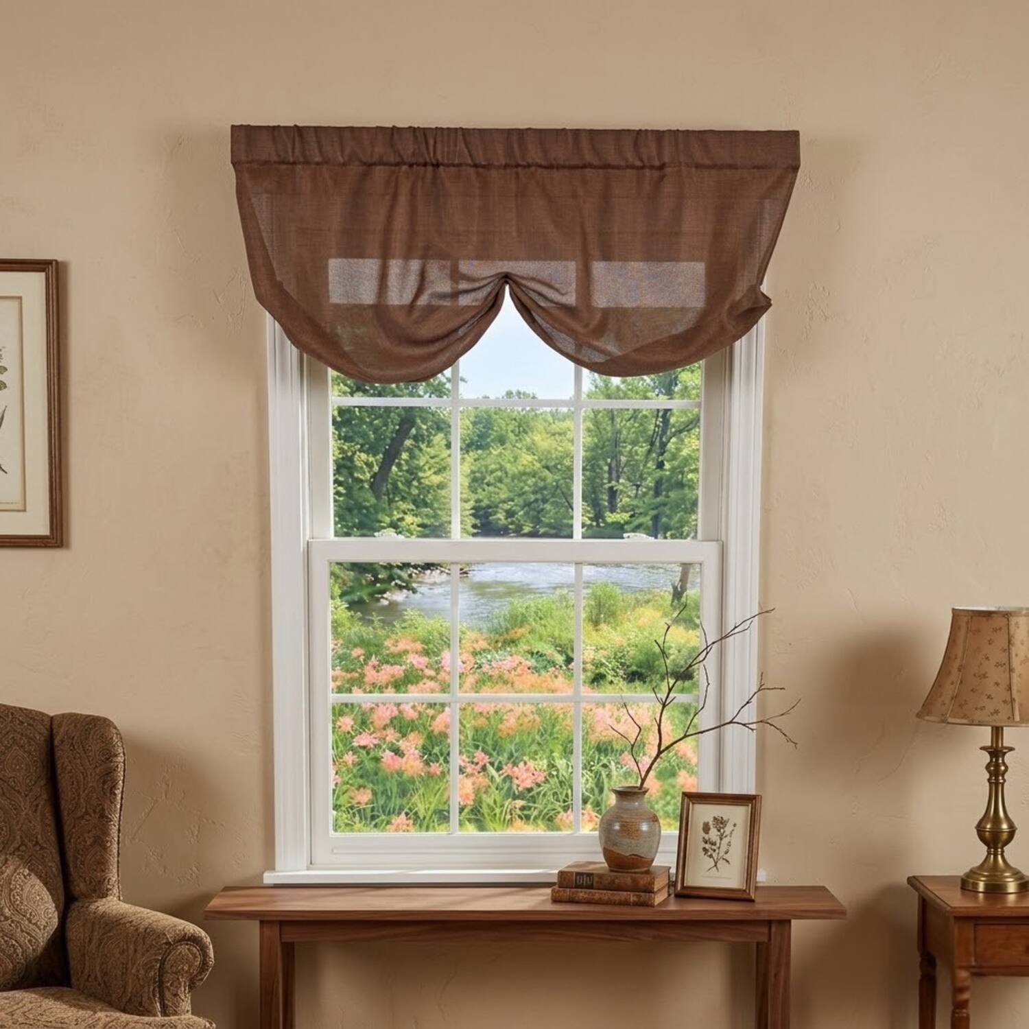 Angle. RLF Home - RLF Home Linen Sheer Stationary Balloon Window Valance 100% Cotton Rod Pocket 50" x 17" Brown - Brown.