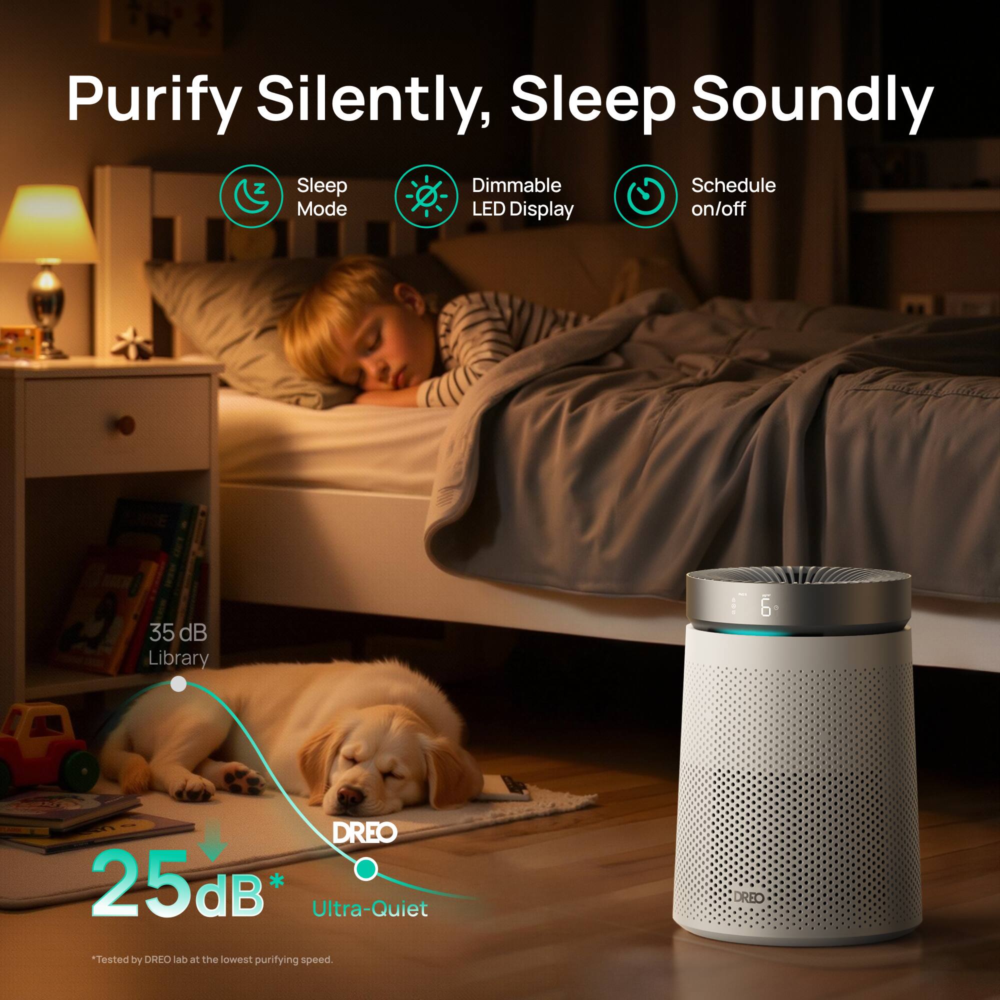 Purify Silently, Sleep Soundly

- Sleep Mode
- Dimmable LED Display
- Schedule on/off

35 dB Library

25 dB* Ultra-Quiet

*Tested by DREO lab at the lowest purifying speed.