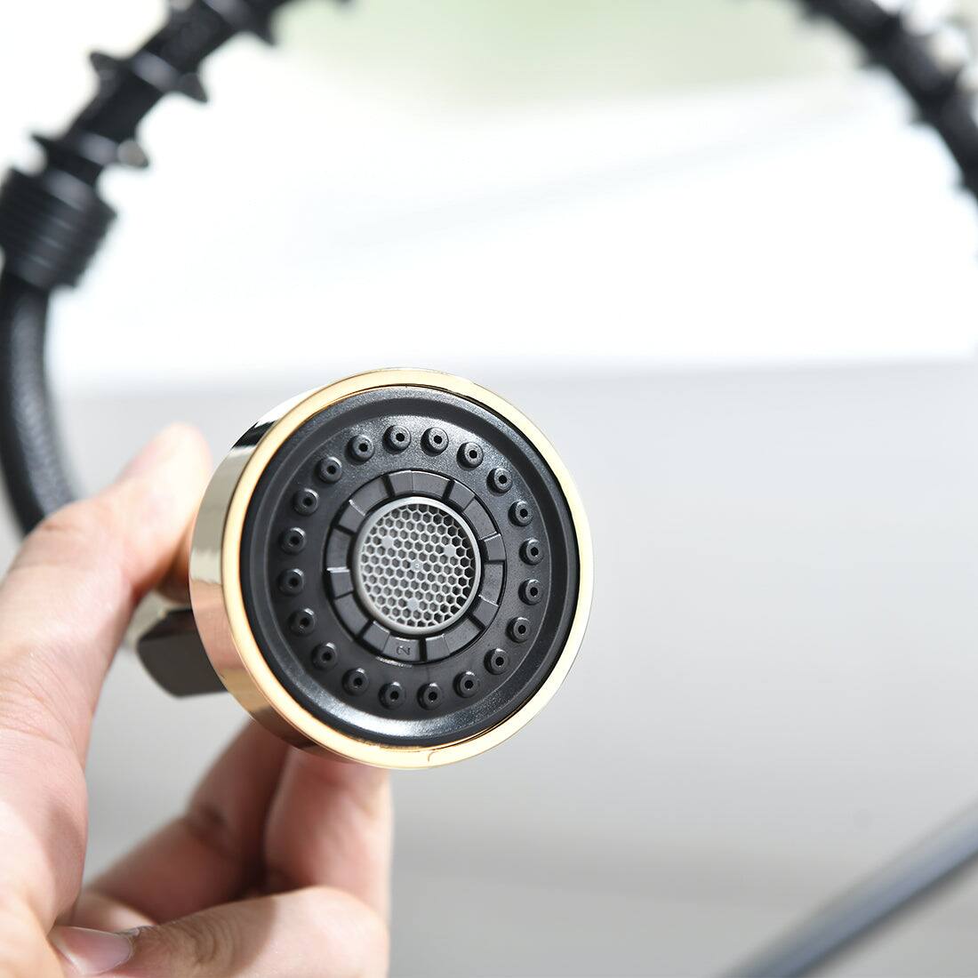 Alt View 10. Boyel Living - Matte Black with Gold Single Handle No Sensor Gooseneck Pull Down Sprayer Kitchen Faucet - Matte Black with Gold.