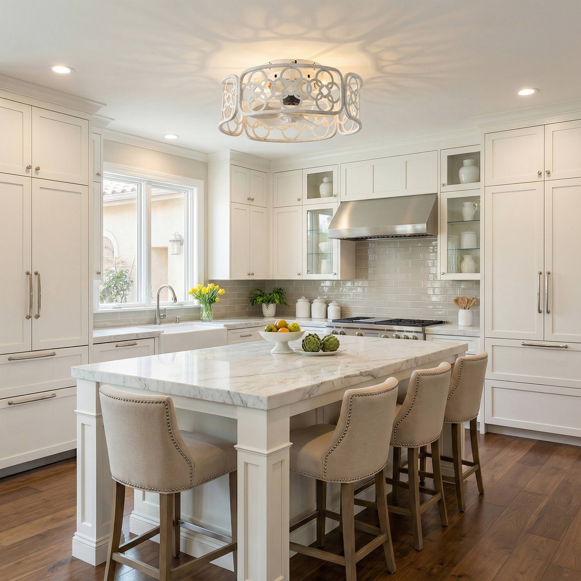 Left. Vaczon - Ceiling Fan with Remote and Light, Iron Flush Mount, Vintage European Design for Living Room & Bedroom - Distressed White.