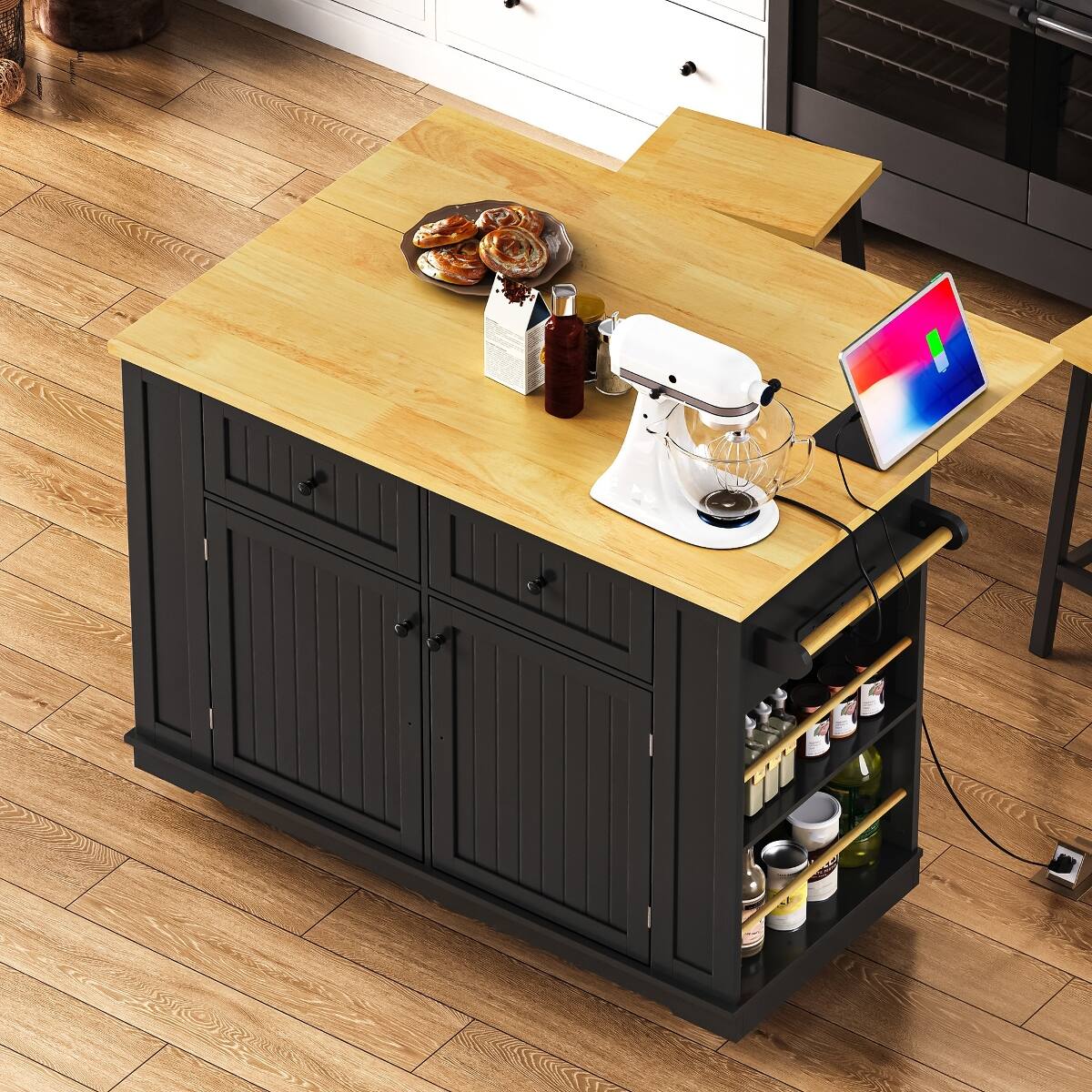 Alt View 6. Loheer - Loheer 48 inch Kitchen Island with Drop Leaf, Power Outlet and Rolling Kitchen Storage Cart, Black - Black.