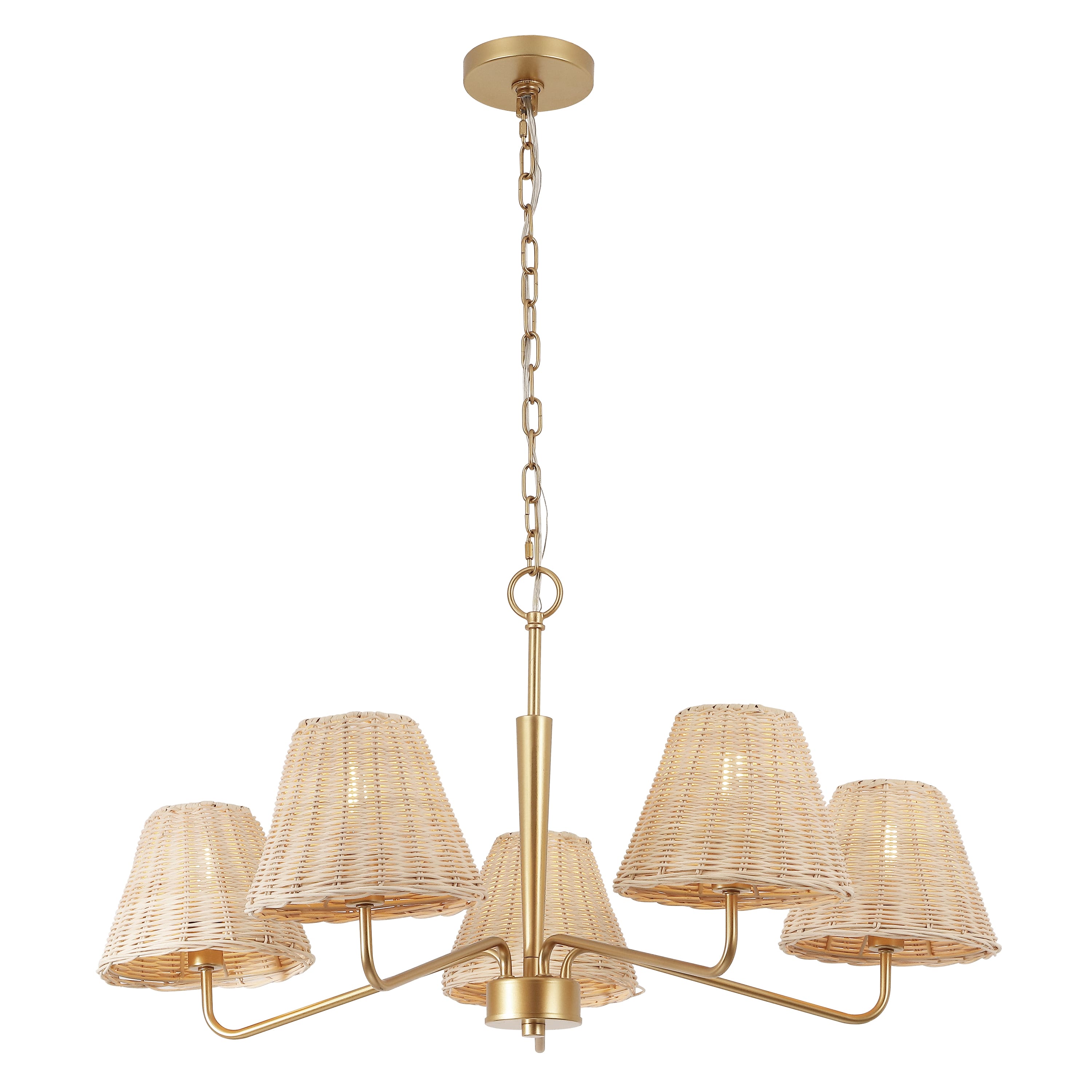 "Jonathan Y - Libby 30"" 5-Light Modern Coastal Sleek Woven Rattan/Iron LED Chandelier, /Light Brown - Gold Painting" price history on PriceWatchPro