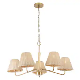 Jonathan Y - Libby 30" 5-Light Modern Coastal Sleek Woven Rattan/Iron LED Chandelier, /Light Brown - Gold Painting