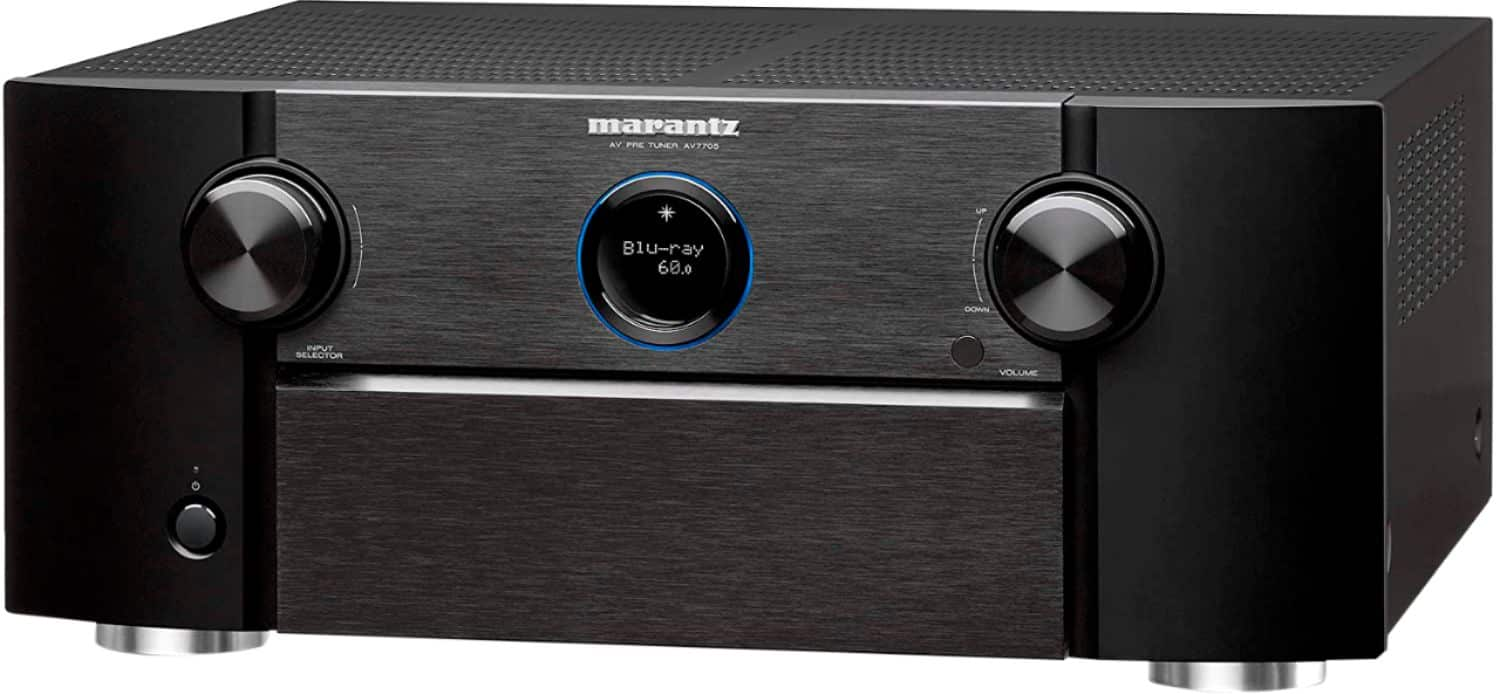 Left View: Marantz AV7705 Surround Pre-Amplifier - 11.2 Channel, IMAX Enhanced, Auro-3D, Wi-Fi, Bluetooth, AirPlay 2 & HEOS + Alexa - Black