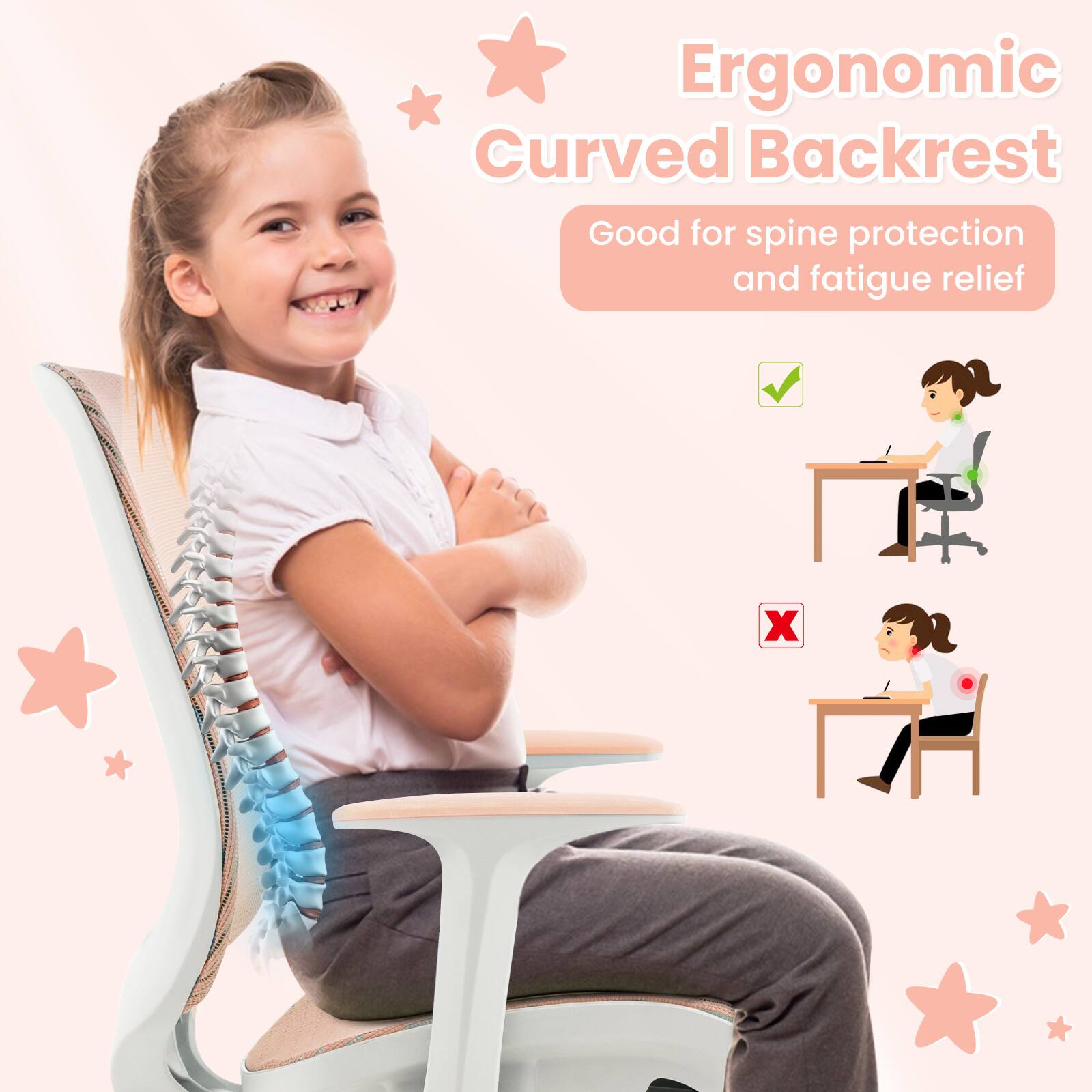 Ergonomic Curved Backrest Good for spine protection and fatigue relief ✓
