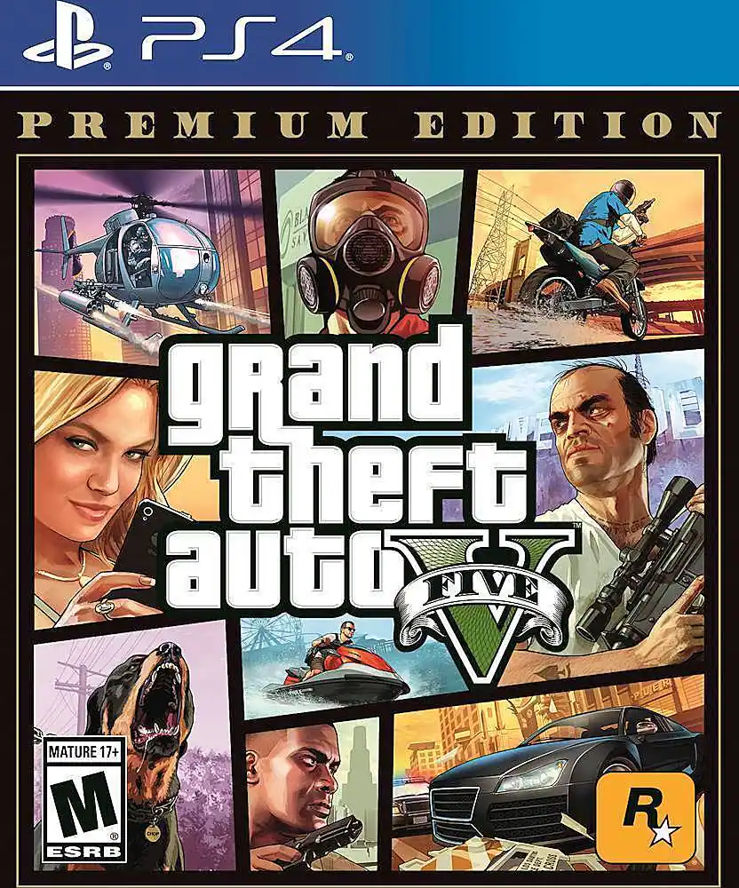 Grand Theft Auto V Premium Edition for PS4. Mature 17+ rating from the ESRB. - M (Mature 17+)