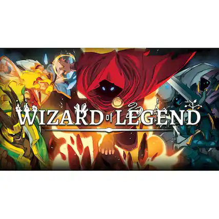 The image features a group of characters, with one of them wearing a red cape. The main focus of the image is the title "Wizard of Legend," which is displayed prominently in the center. The other characters are positioned around the title, creating a sense of action and adventure. - E10+ (Everyone 10+)