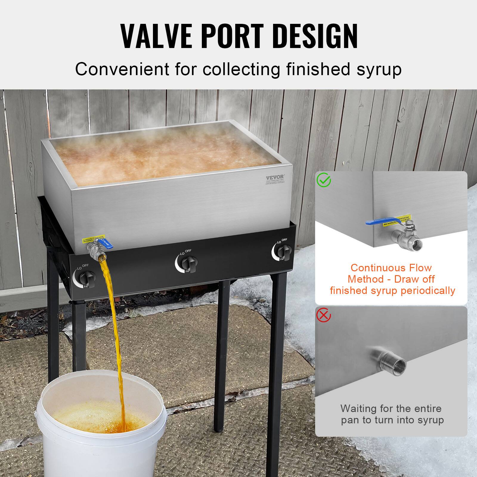 VALVE PORT DESIGN  
Convenient for collecting finished syrup  

VEVOR SP-10  

Continuous Flow Method - Draw off finished syrup periodically  

Waiting for the entire pan to turn into syrup
