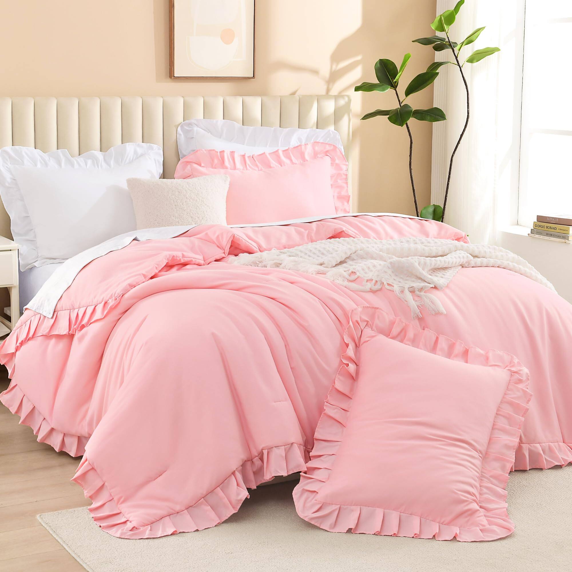 Front. PO3TICJUNKI3 - Comforter Sets 3 Pieces Ruffle Women Cute Bedding Comforters Lightweight Fluffy Microfiber As Gift 79x90in - Pink-Queen (90"x90").