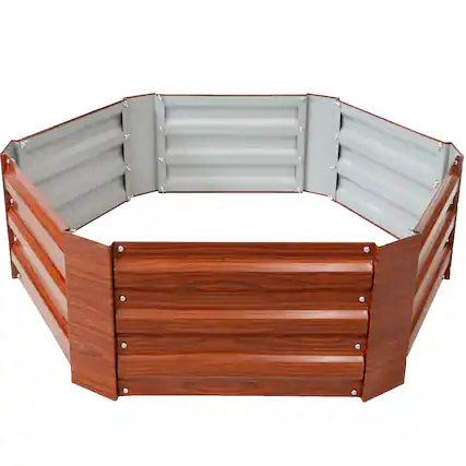 Front. Sunnydaze - Galvanized Steel Hexagon Raised Garden Bed - 40 in - Woodgrain.