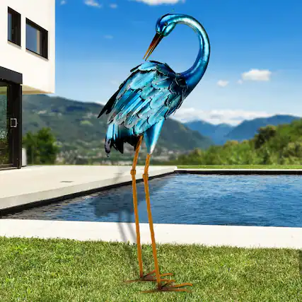 Front. Refined Abode Design - Crane Garden Statues Metal Outdoor Blue Heron Sculpture Yard Art Large Decoy Bird Lawn Ornaments For Backyard.