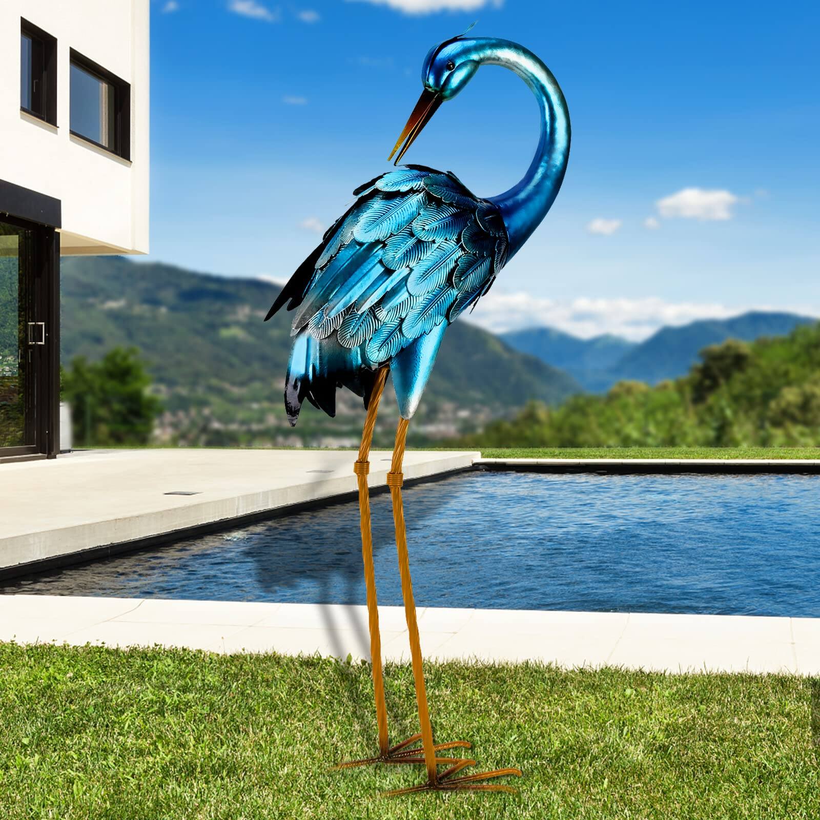 Front. Refined Abode Design - Crane Garden Statues Metal Outdoor Blue Heron Sculpture Yard Art Large Decoy Bird Lawn Ornaments For Backyard.