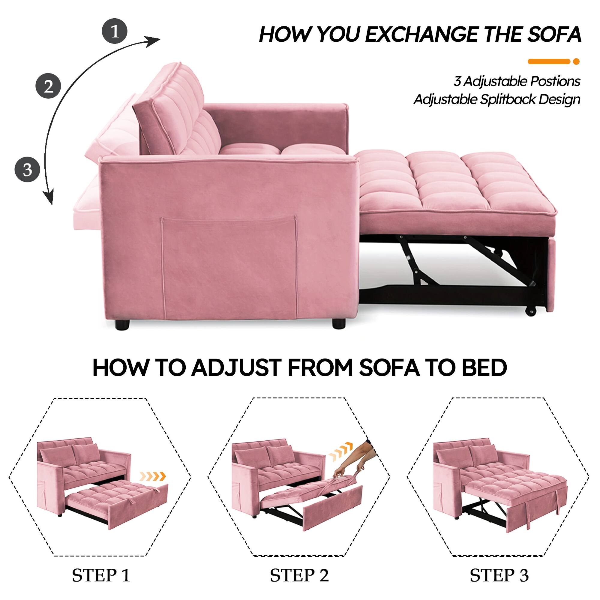 1. How to exchange the sofa:
2. Adjustable positions:
3. Adjustable splitback design:
4. How to adjust from sofa to bed:
5. Step 1:
6. Step 2:
7. Step 3: