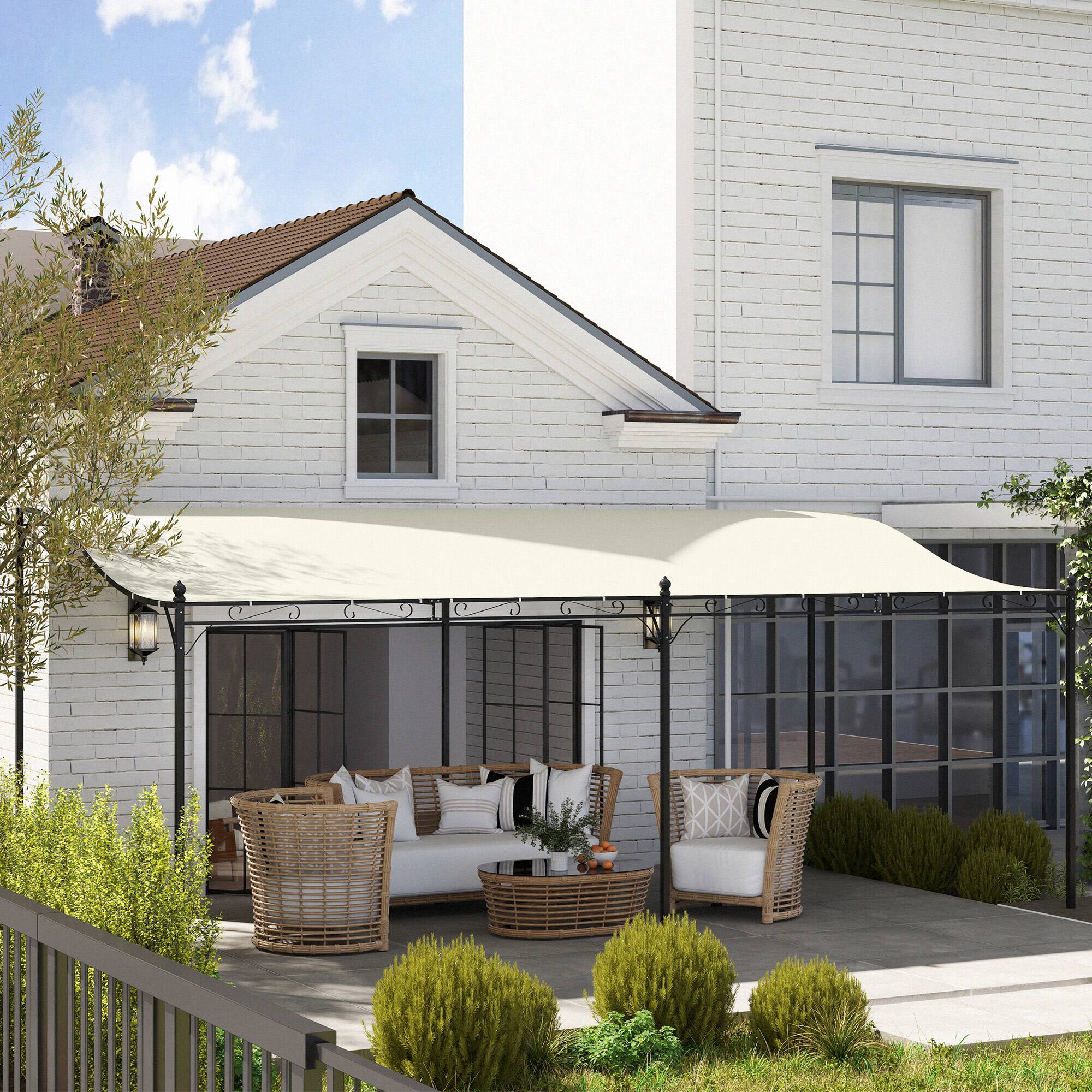 Alt View 4. Outsunny - 10' x 19' Outdoor Pergola Canopy, Wall-Mounted Metal Patio Canopy with Weather-Resistant Fabric - Cream White.