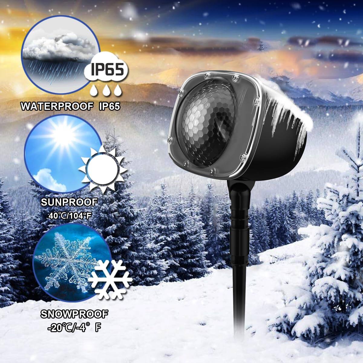 IP65 WATERPROOF  
IP65 SUNPROOF 40°C/104°F  
SNOWPROOF -20°C/-4°F