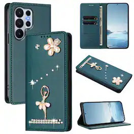 Dteck - 3D Bling Ballerina Wallet Case for Samsung Galaxy S26 Ultra, RFID Blocking PU Leather Flip Cover with Card Slots - Darkgreen