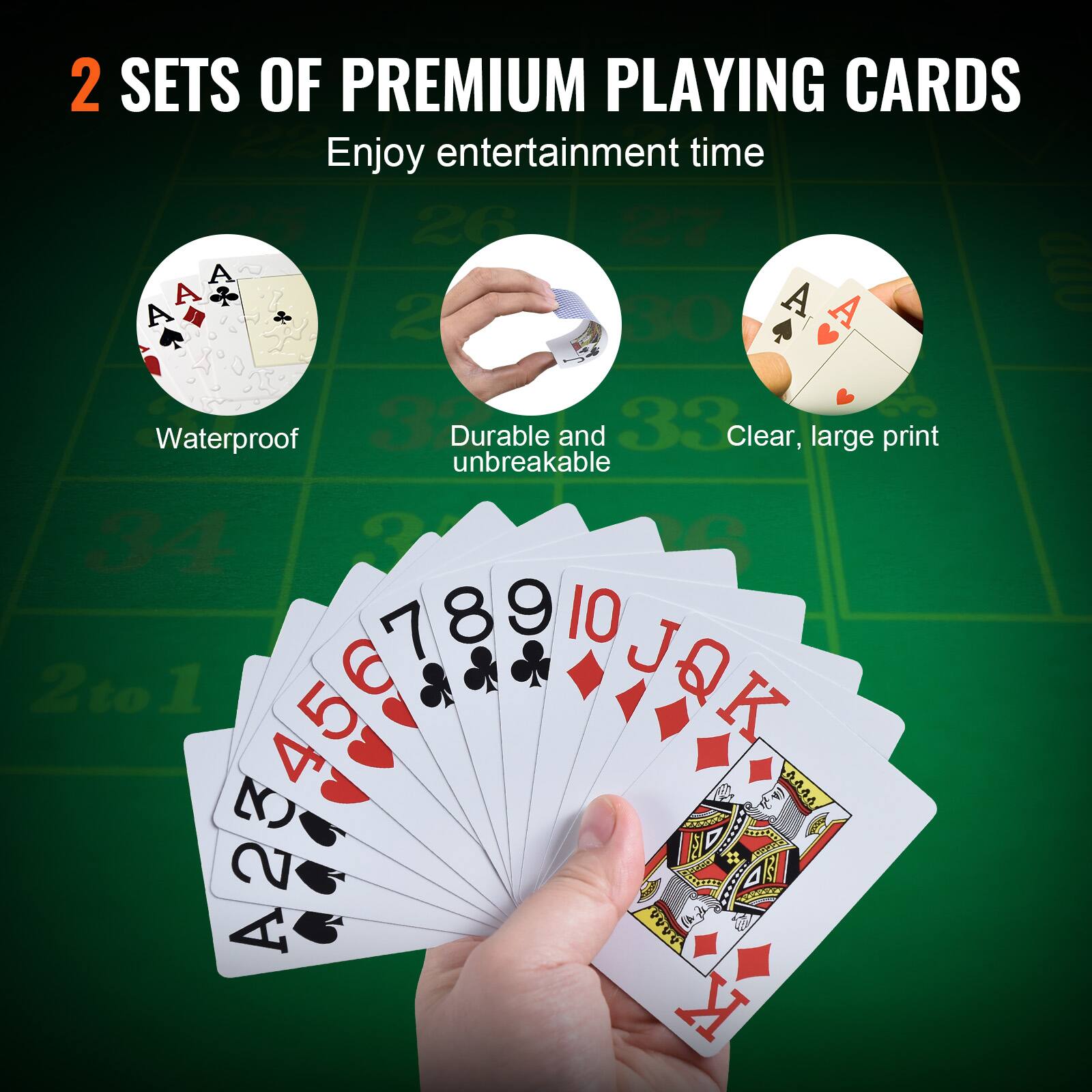2 SETS OF PREMIUM PLAYING CARDS
Enjoy entertainment time
Waterproof
Durable and unbreakable
Clear, large print

2 3 4 5 6 7 8 9 10 J Q K A