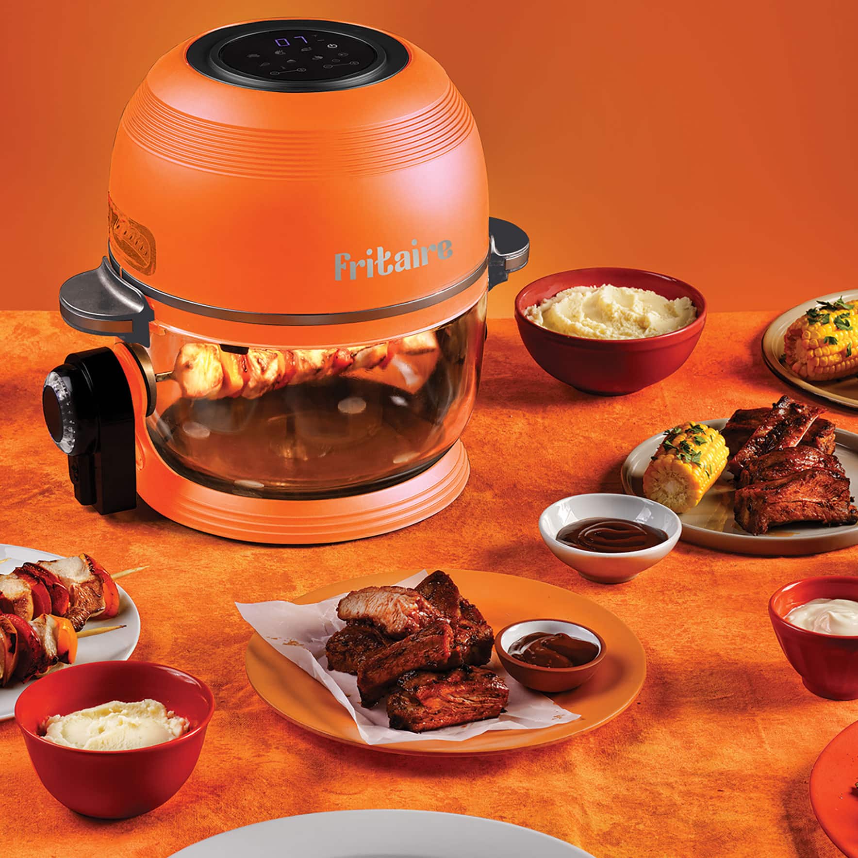Left. Fritaire - Non-Toxic Air Fryer - Glass Air Fryer, 5qt, Teflon-Free, PFOA- Free, w/ Accessories - Rotisserie and Tumbling Basket - Orange.