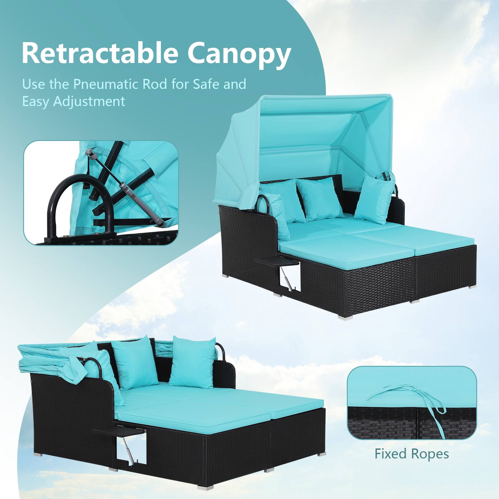 Retractable Canopy  
Use the Pneumatic Rod for Safe and Easy Adjustment  
Fixed Ropes