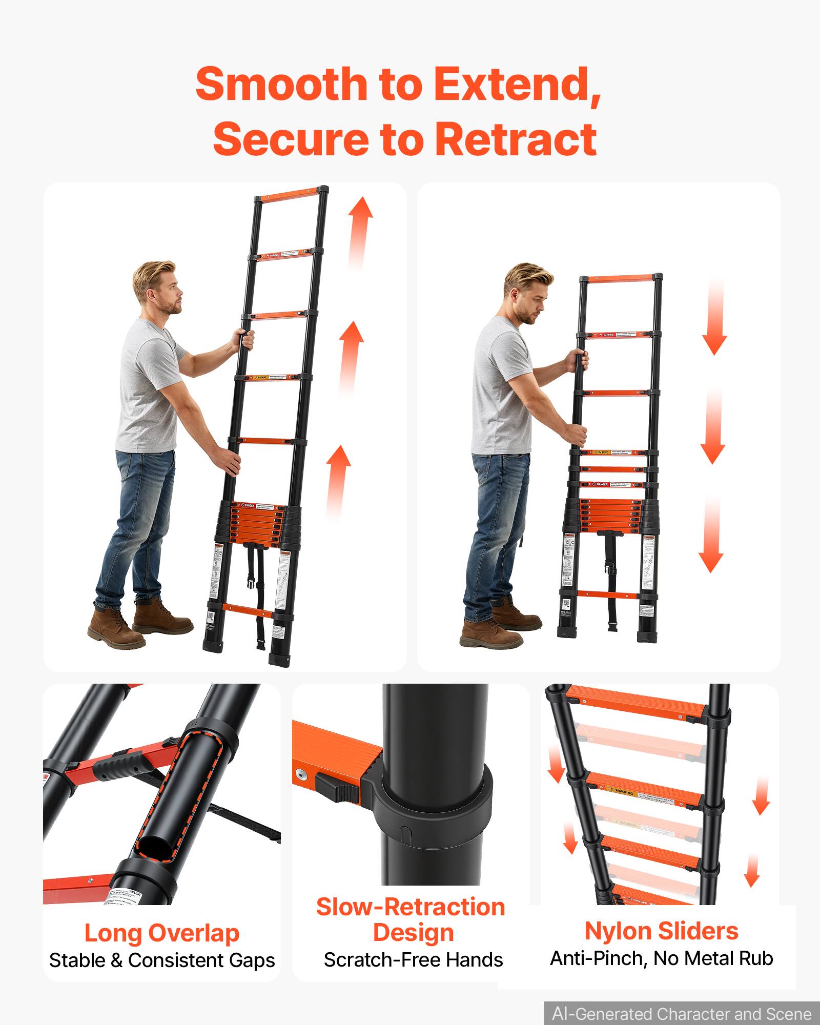 Smooth to Extend, Secure to Retract

- Long Overlap
  - Stable & Consistent Gaps

- Slow-Retraction Design
  - Scratch-Free Hands

- Nylon Sliders
  - Anti-Pinch, No Metal Rub

AI-Generated Character and Scene