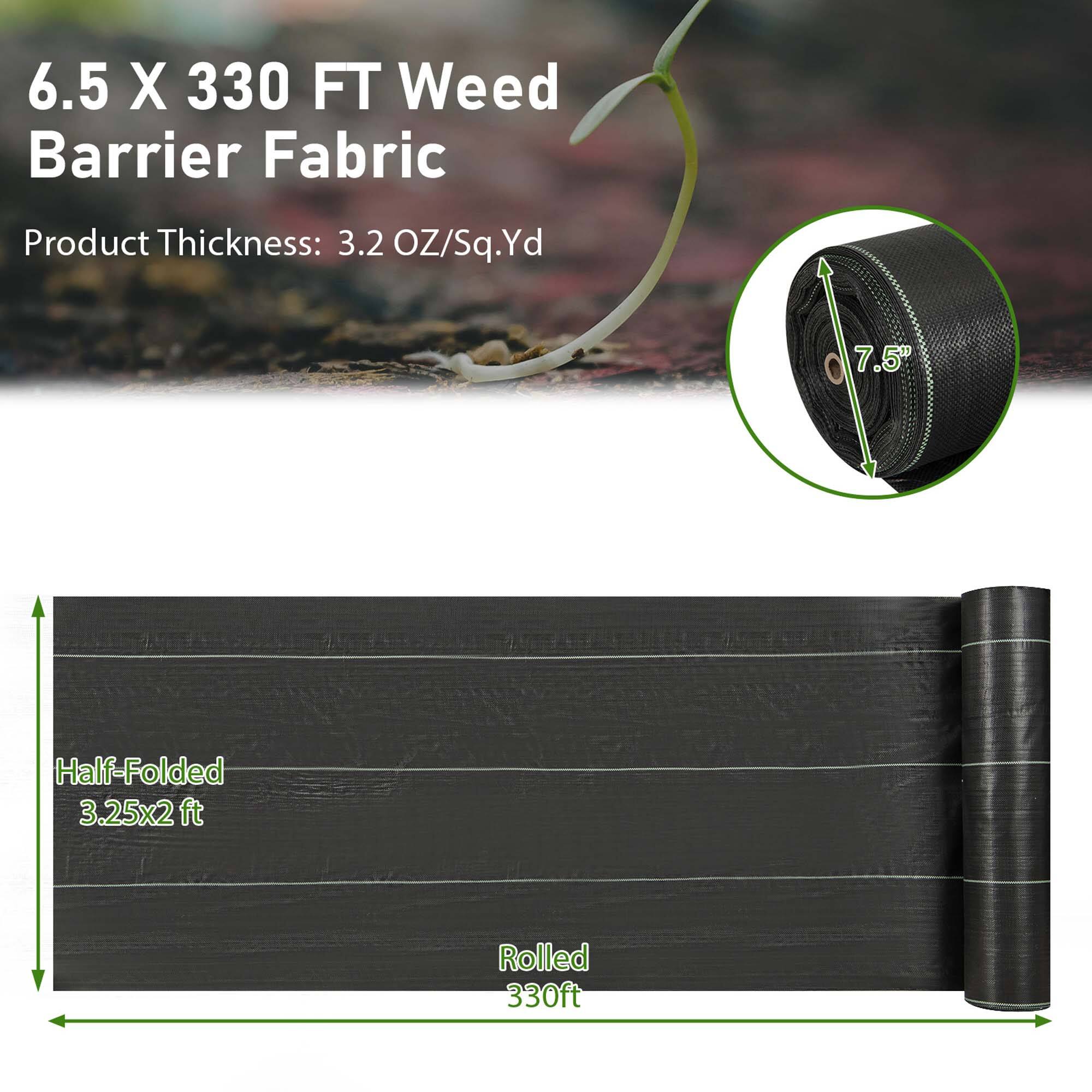 6.5 X 330 FT Weed Barrier Fabric Product Thickness: 3.2 OZ/Sq.Yd 7.5" Half-Folded 3.25x2 ft Rolled 330ft