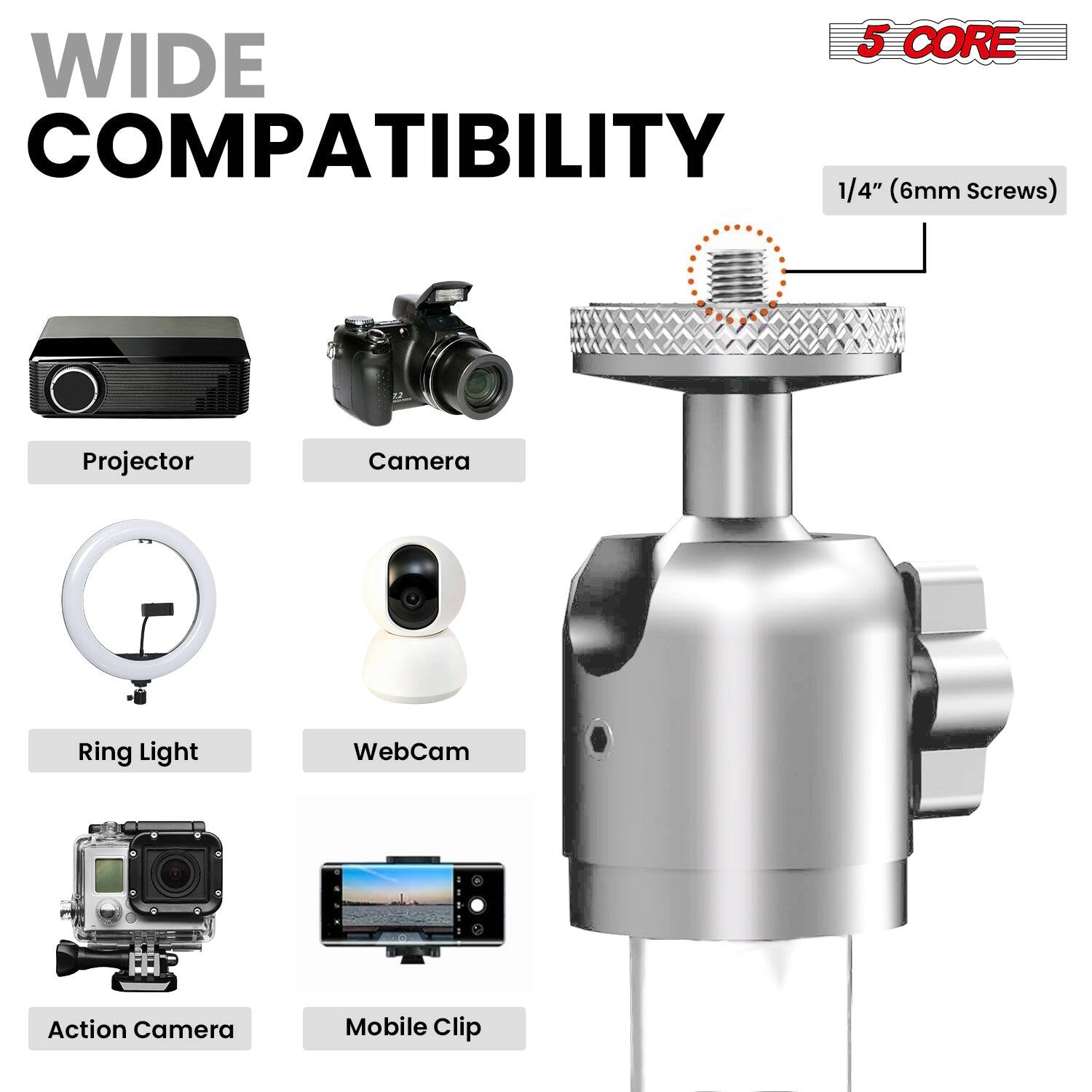 5 CORE WIDE COMPATIBILITY  
1/4" (6mm Screws)  
Projector  
Camera  
Ring Light  
WebCam  
Action Camera  
Mobile Clip