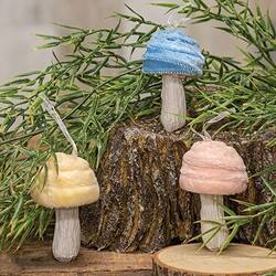 Angle. BreeBe - Pastel Velvet Glittered Mushroom Ornament - 3 Asstd. - Blue, Pink, Yellow.