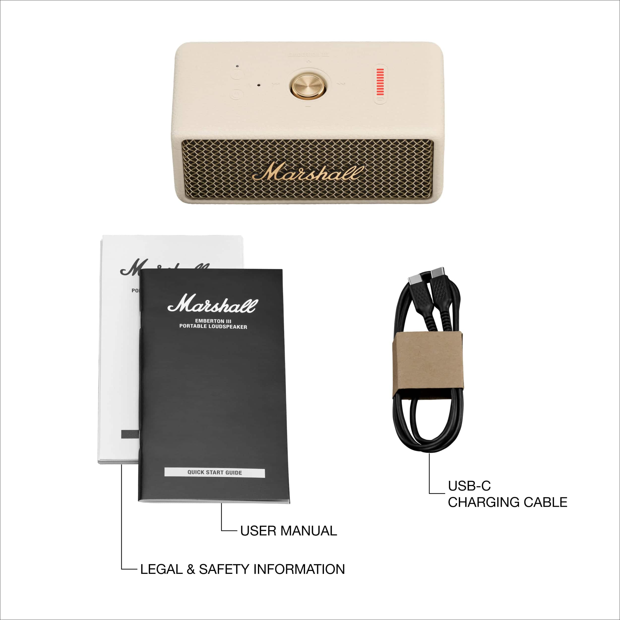 Marshall Mini Portable Speaker Quick Start Guide USB-C Charging Cable User Manual Legal & Safety Information