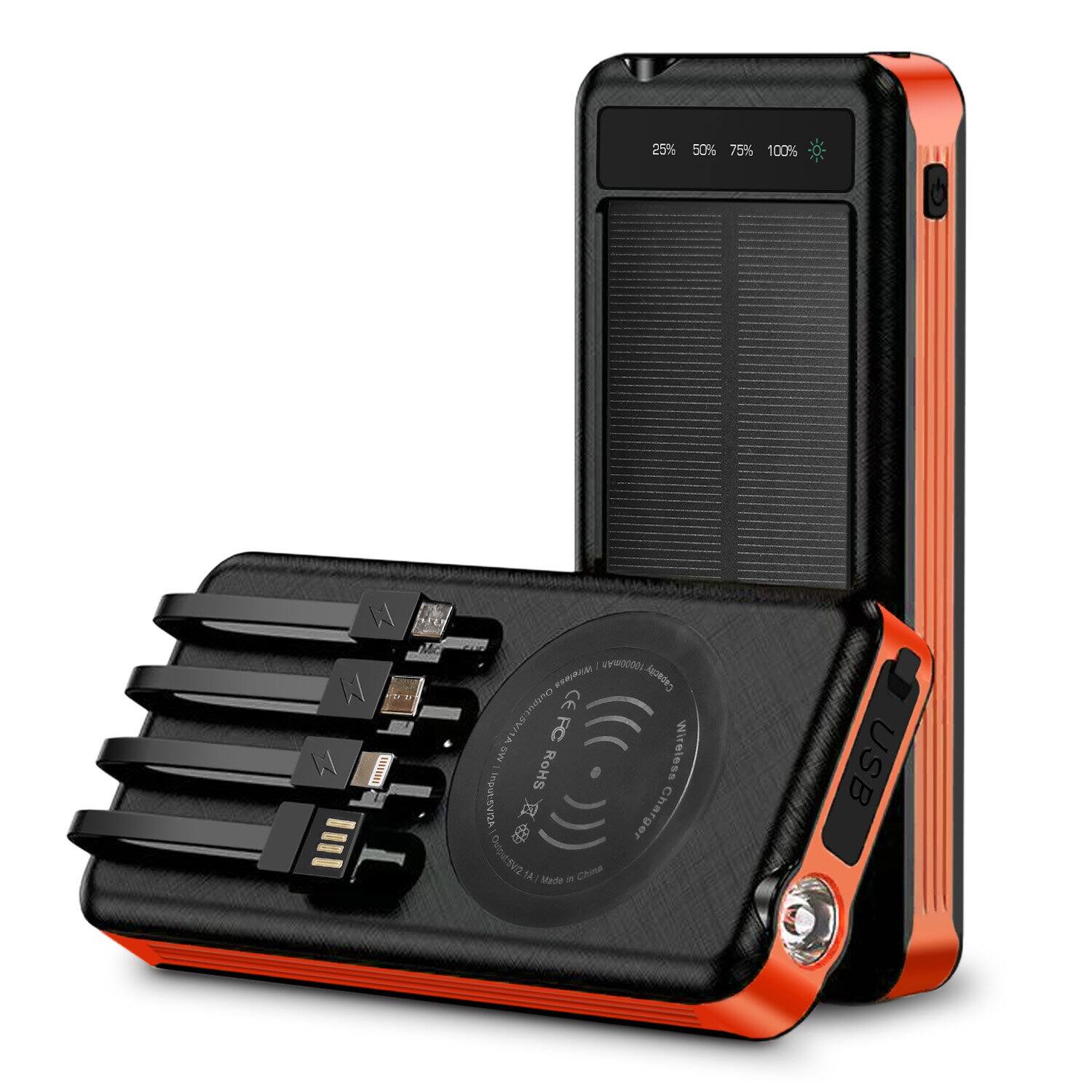 Alpha Digital - Outdoor Power Bank- 10,000mAh with Solar Panel & Wireless Charging - Orange
