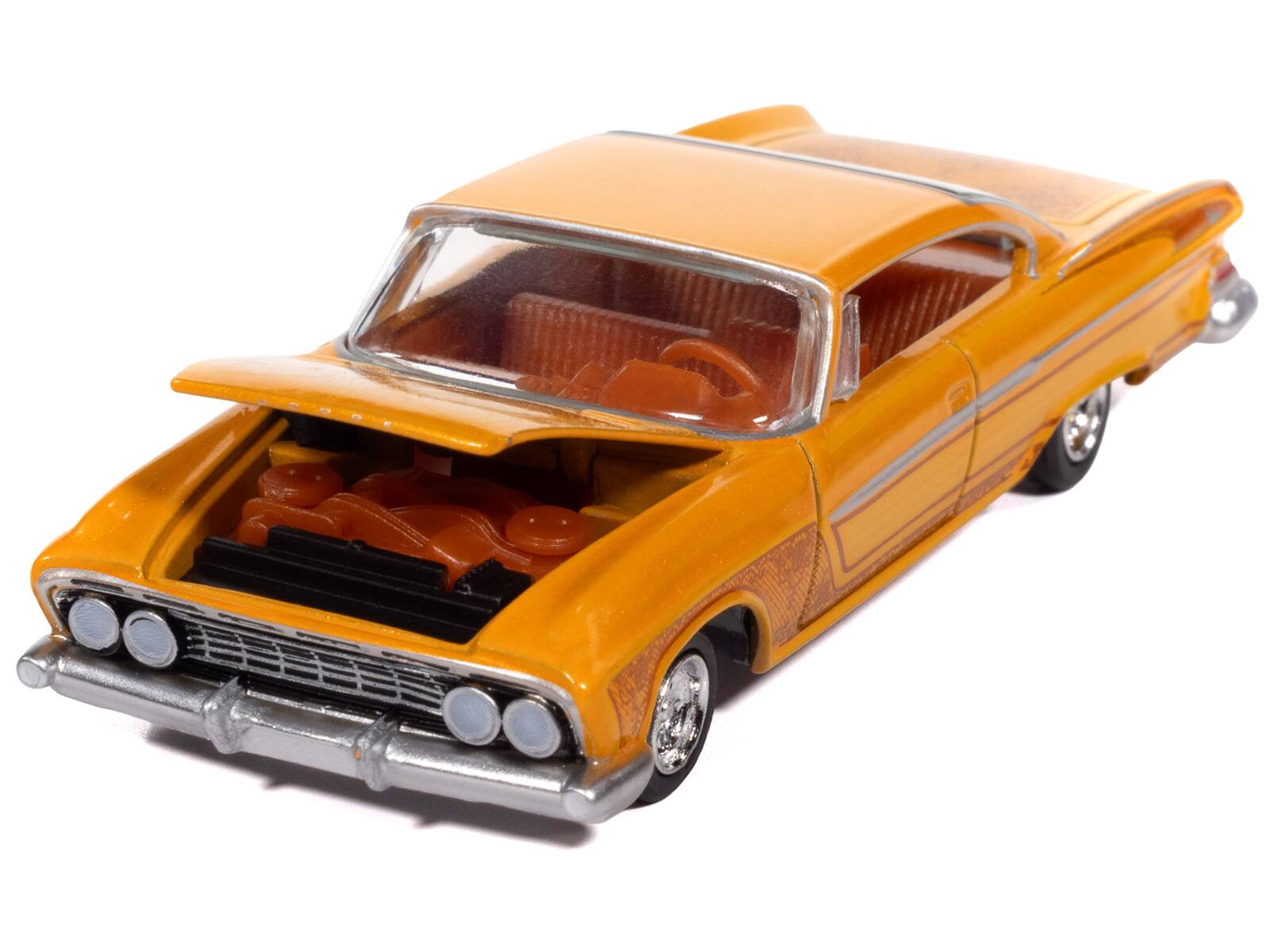 Angle. Autoworld - 1961 Dodge Dart Phoenix Lowrider Mango Smoothie Metallic w/ Graphics & Orange Interior 1/64 Diecast Auto World - Yellow .