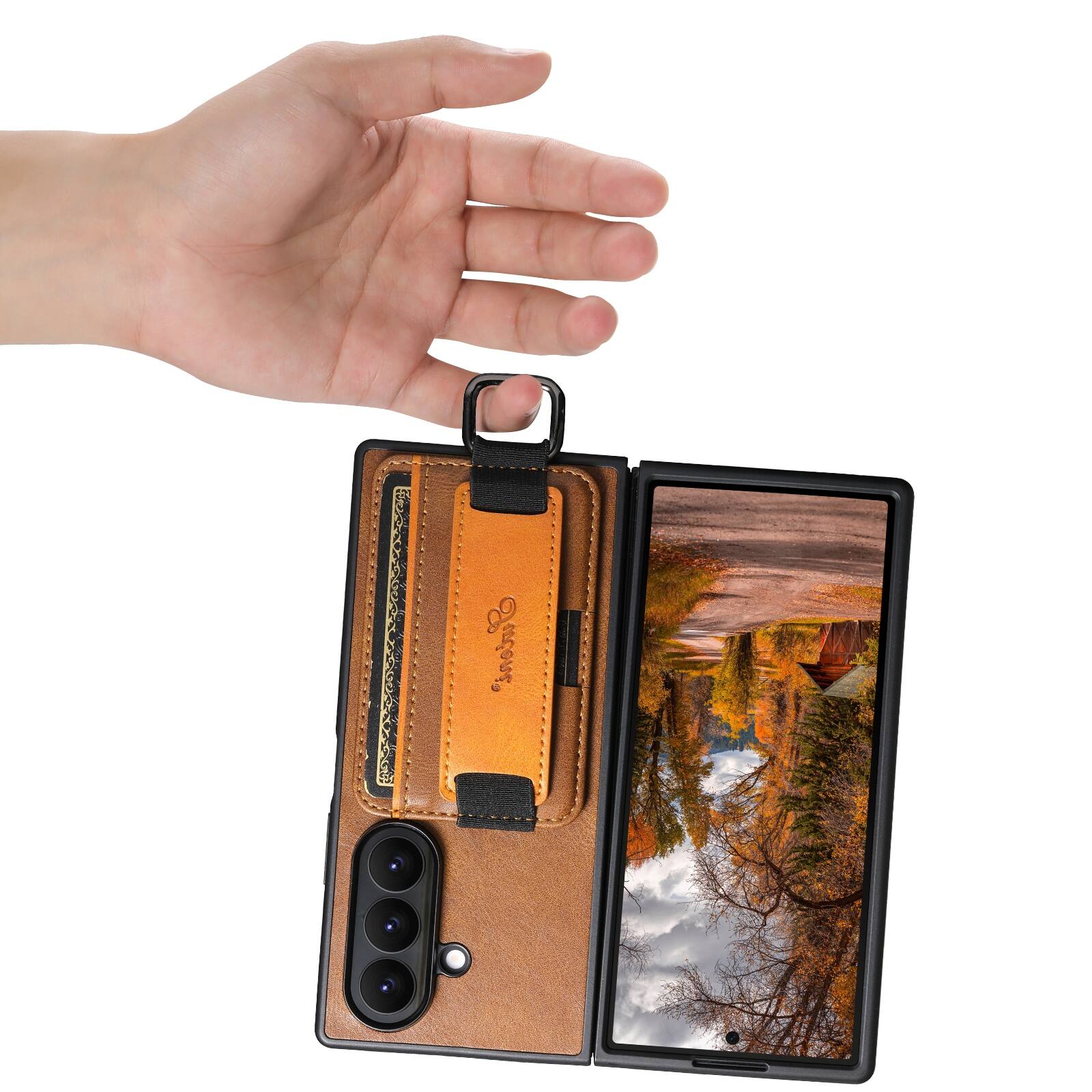 Left. Dteck - Wallet Case for Samsung Galaxy Z Fold 8 Ultra, Oil Wax PU Leather Retro Business Card Holder Wrist Strap Stand Cover - Brown.