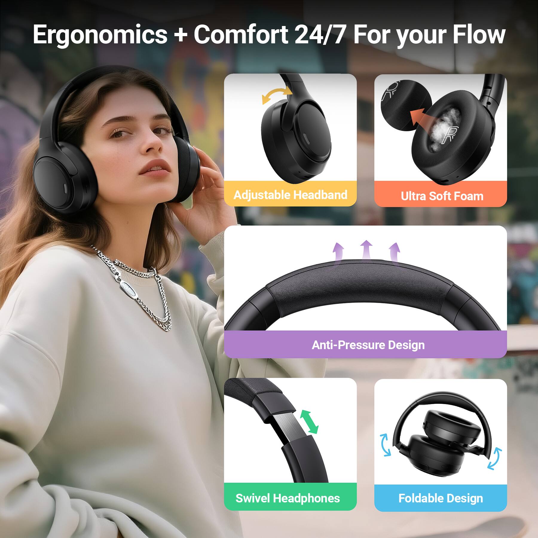 Ergonomics + Comfort 24/7 For your Flow

Adjustable Headband
Ultra Soft Foam
Anti-Pressure Design
Swivel Headphones
Foldable Design
